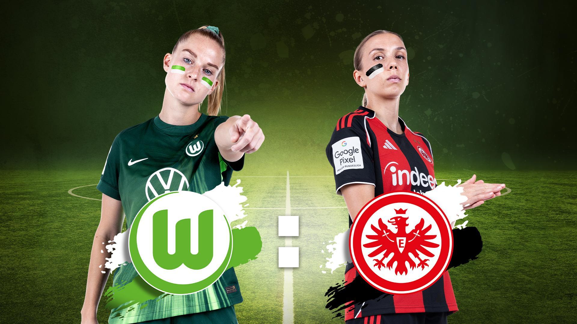Werbegrafik Frauen-Bundesliga mit Logos und Spielerinnen von Wolfsburg und Frankfurt vor Fußball-Hintergrund
